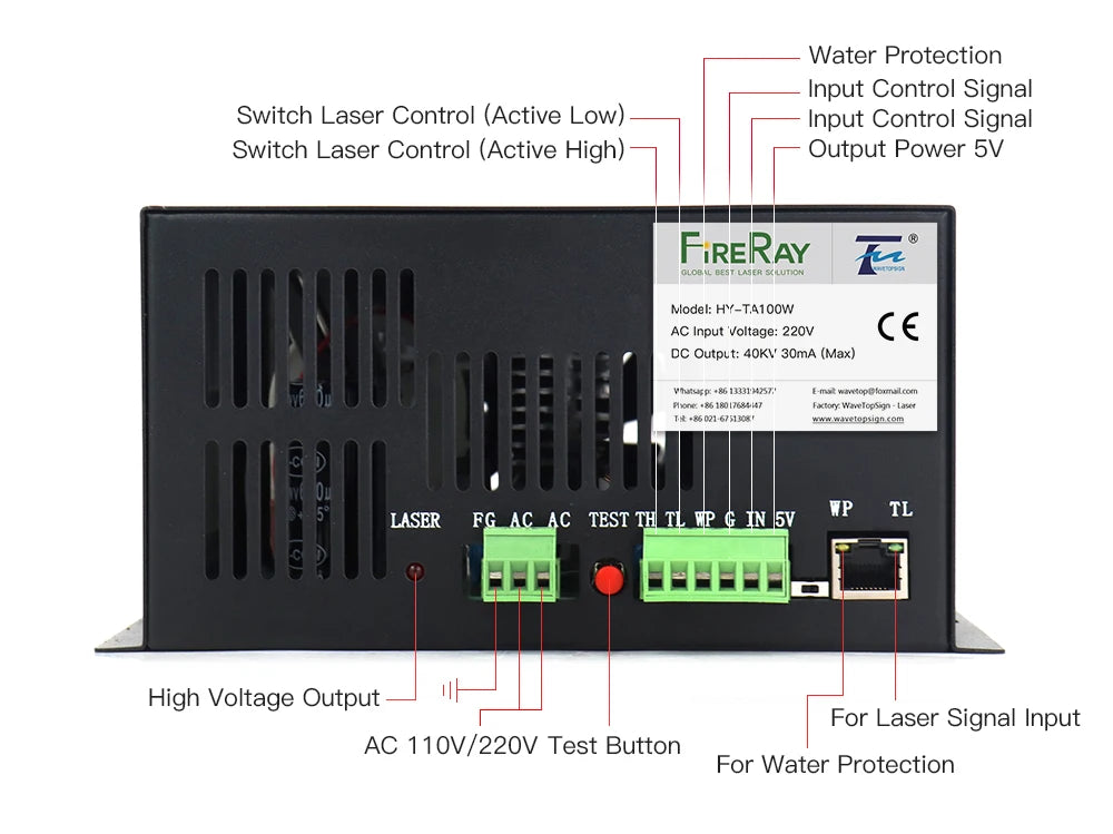 FireRay 100W CO2 Laser Power Supply HY-TA100W for CO2 Laser Engraving Cutting Machine Long Warranty