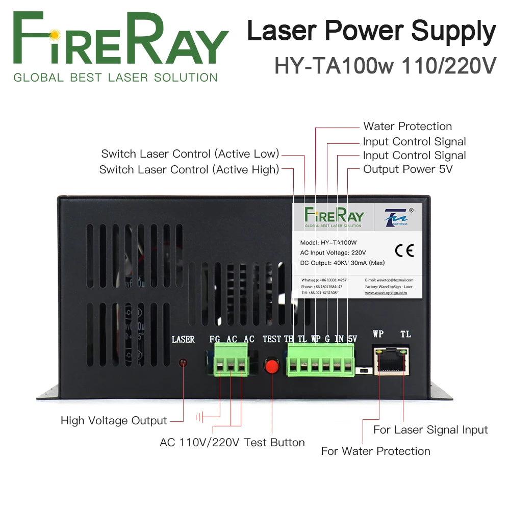 FireRay 100W CO2 Laser Power Supply HY-TA100W for CO2 Laser Engraving Cutting Machine Long Warranty