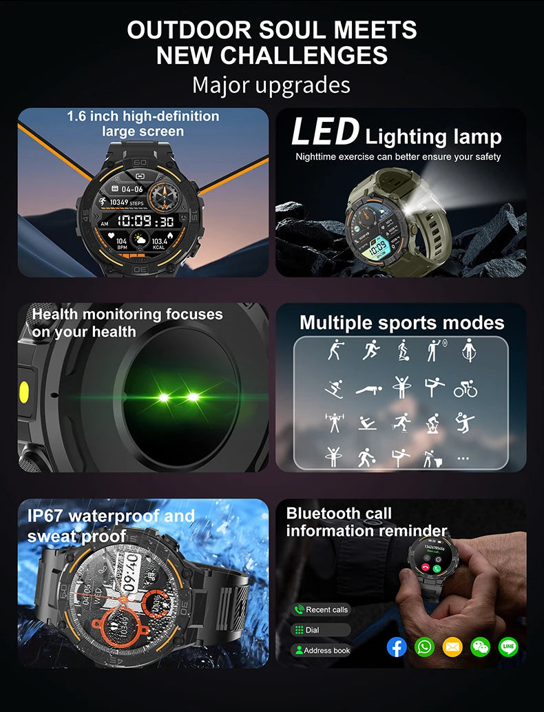 Outdoor Military Rugged Smartwatch Men Full Screen Touch 24 Hours Heart Rate 100+ Sports Mode Bluetooth Call Smartwatch