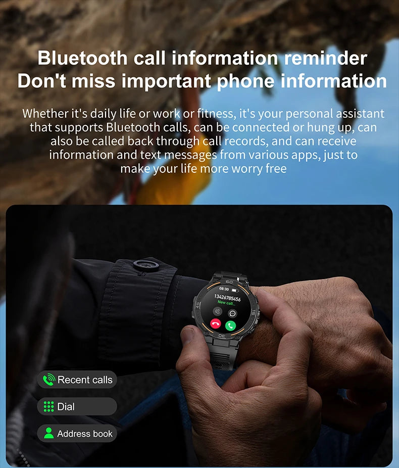 Outdoor Military Rugged Smartwatch Men Full Screen Touch 24 Hours Heart Rate 100+ Sports Mode Bluetooth Call Smartwatch
