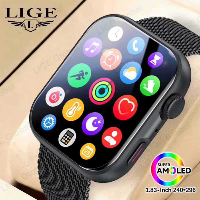LIGE New Bluetooth Call 1.83" AMOLED Smart Watch For Android IOS Dynamic Island Men Women Sports Fitness Blood Oxygen Smartwatch