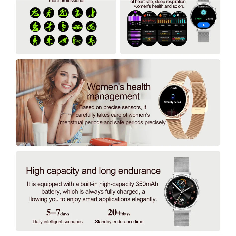 Bluetooth Call Smartwatches Ladies AMOLED HD Screen Heart Rate Monitor Bluetooth Call IP68 Waterproof Smart Watch 2025 New