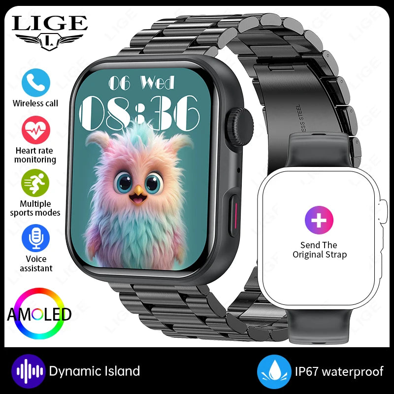 LIGE New Bluetooth Call 1.83" AMOLED Smart Watch For Android IOS Dynamic Island Men Women Sports Fitness Blood Oxygen Smartwatch