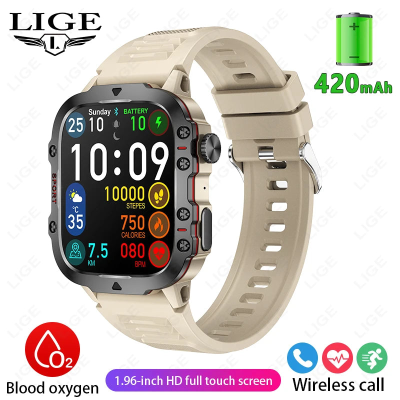LIGE Military Smart Watch Men Outdoor Sports 3ATM Waterproof  Blood Oxygen Bluetooth Call Watches Men Smartwatch For Android New