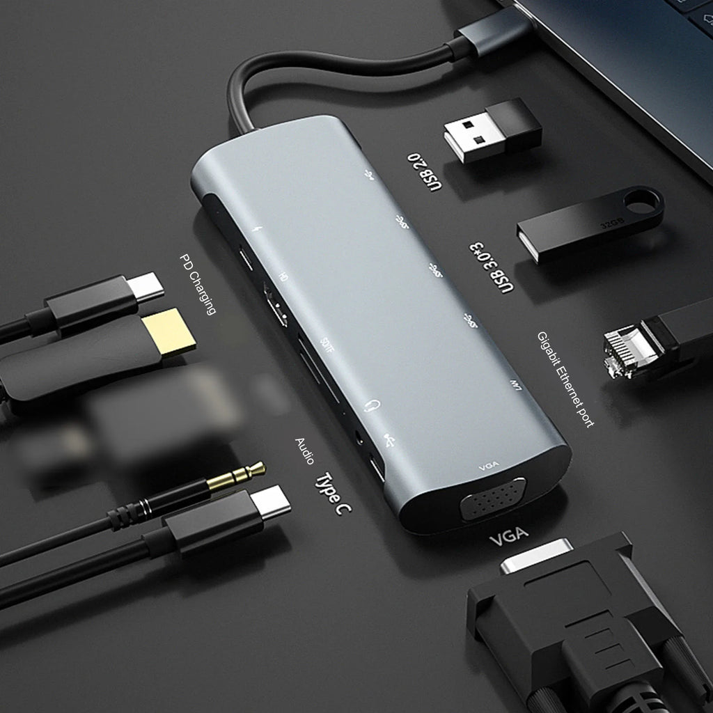 12-In-1 Hub Docking Station Type C to PD HD VGA USB3.0*3 USB2.0 RJ45 Card Reader Headphone Type C/M Docking Station