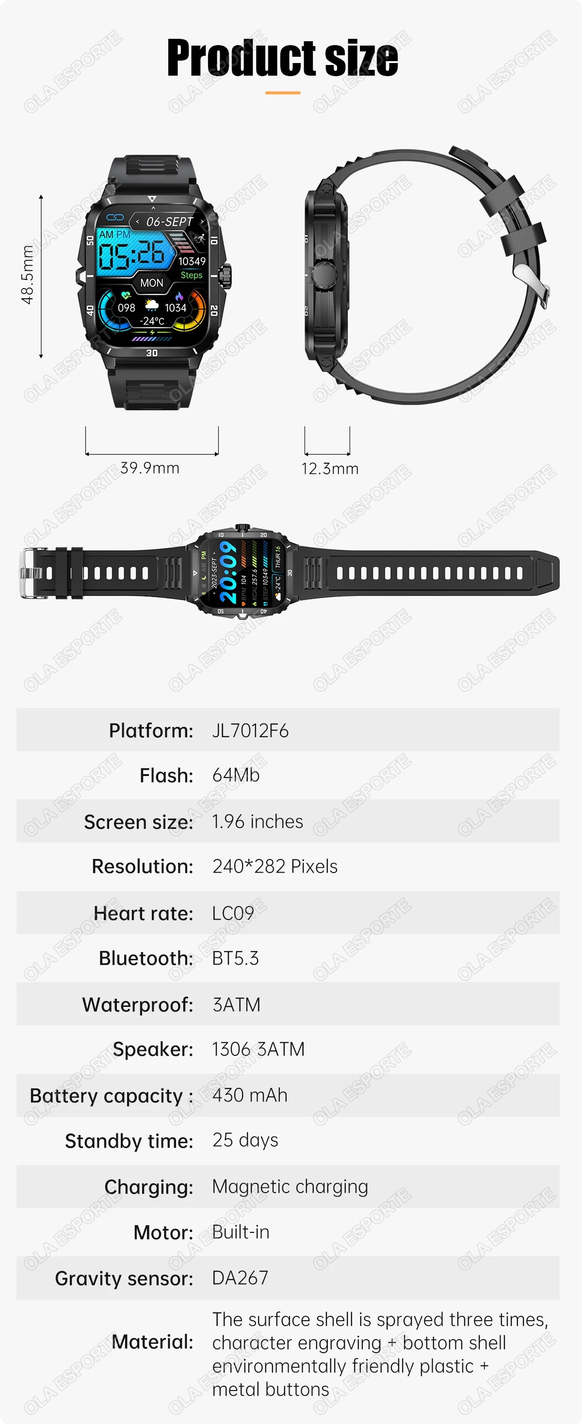 Smart Watch 3ATM Waterproof 1.96" IPS Screen Military KT71 Men 100+ Sport Mode Heart Rate Blood Pressure Bluetooth Call