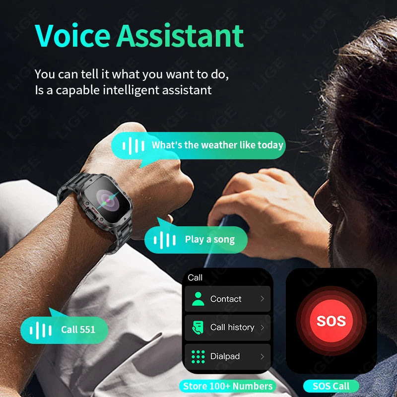 LIGE Military Smart Watch Men Outdoor Sports 3ATM Waterproof  Blood Oxygen Bluetooth Call Watches Men Smartwatch For Android New
