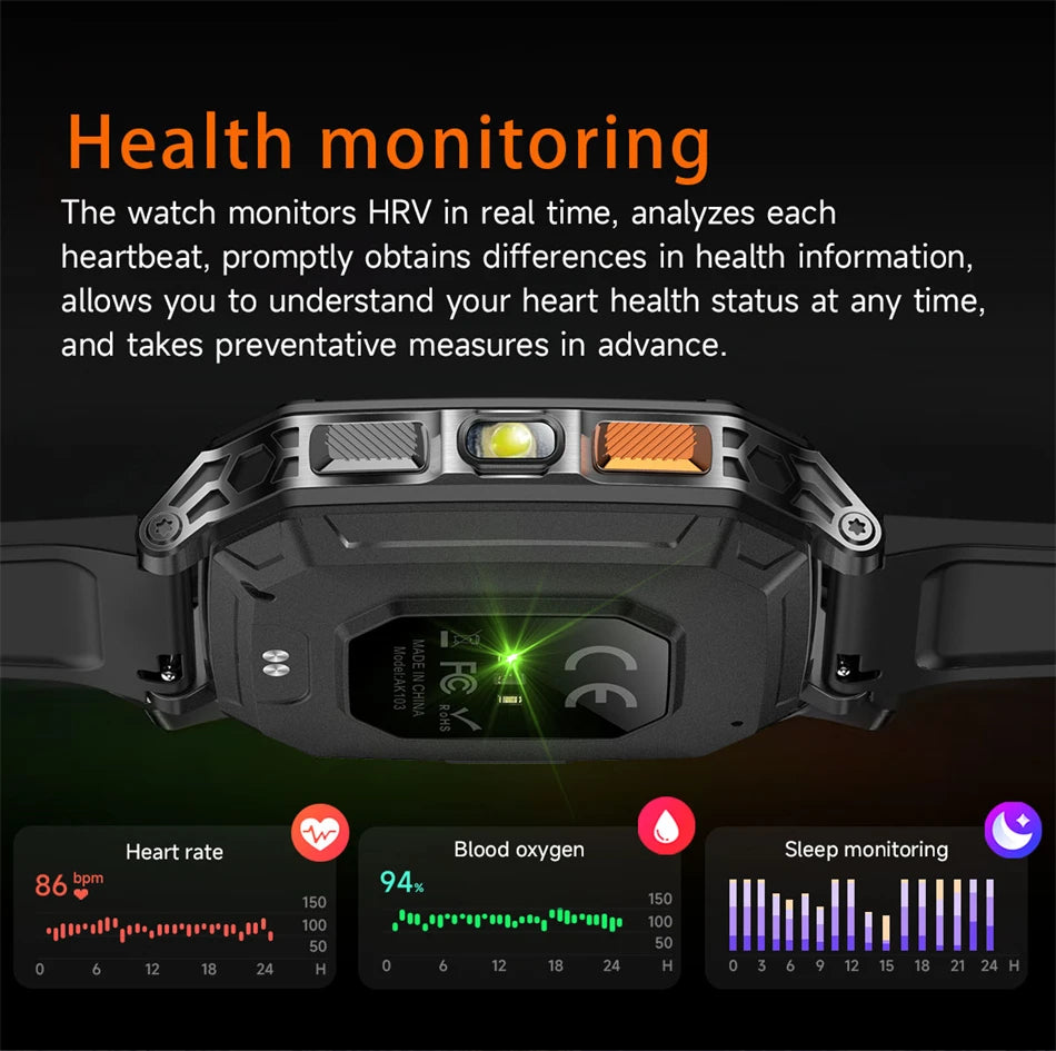 Rugged Military 1400mAh Battery Smart Watch Fitness Tracking IP68 Waterproof Tactical Sports Flashlight 2026 New Men Smartwatch