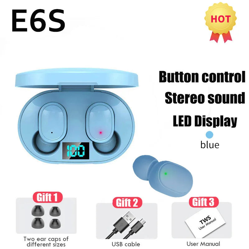 Wireless Bluetooth Earphones for Smartphones E6S TWS Digital Display Noise Cancelling Earbuds with Mic HiFi Stereo Sound Headset
