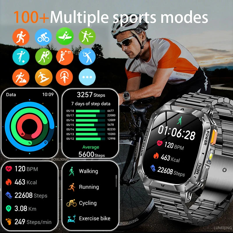 Rugged Military 1400mAh Battery Smart Watch Fitness Tracking IP68 Waterproof Tactical Sports Flashlight 2026 New Men Smartwatch