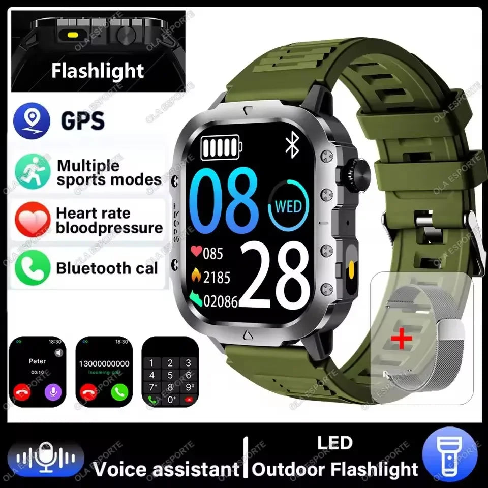 Military Smart Watch Men Waterproof Outdoor Sports Tracker LED Flashlight Bluetooth Call Men Smartwatch For Android iOS