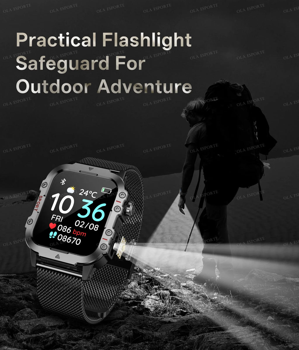 Military Outdoor Smart Watch Men’s GPS Tracking Flashlight Bluetooth Call 2.01" AMOLED Screen 5ATM Waterproof Sports Smartwatch