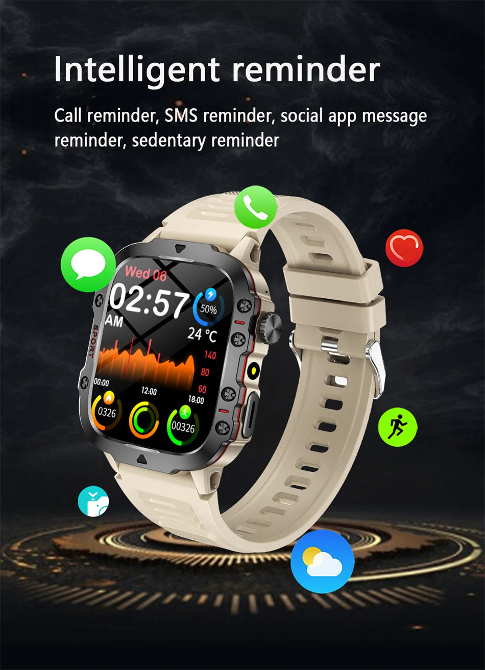 2026 Rugged Military Smart Watch Men's Outdoor Watch LED Flashlight 1.81'' HD Touch Screen Voice Bluetooth Call Smartwatch Gifts