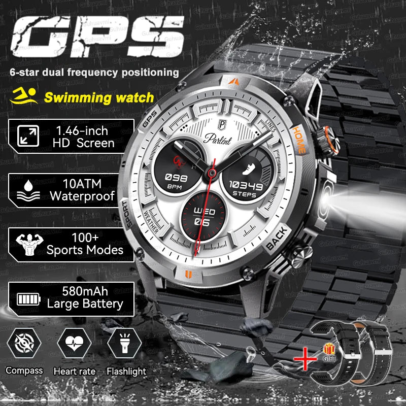 2026 GPS Military Smart Watches Men 10ATM Waterproof Call LED Flashlight 1.46" Rugged Tactical Watch Compass Fitness Smartwatch