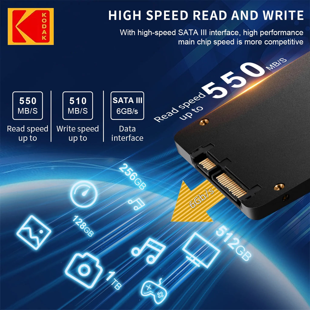 [Brand Storage] Kodak X130Pro Series Ssd-Sata3.0 Ultra-Fast 2.5inch Solid State Drive 512Gb/256Gb/128Gb - Durable Internal Storage for Laptops and Desktops