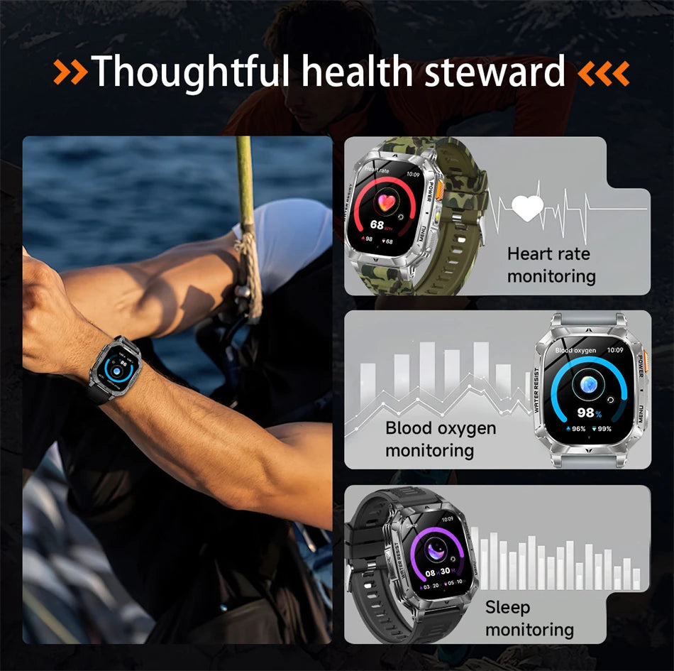 Rugged Military 1400mAh Battery Smart Watch Fitness Tracking IP68 Waterproof Tactical Sports Flashlight 2026 New Men Smartwatch