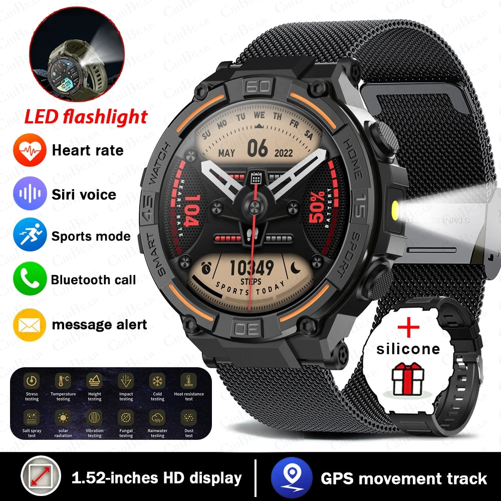 Outdoor Military Rugged Smartwatch Men Full Screen Touch 24 Hours Heart Rate 100+ Sports Mode Bluetooth Call Smartwatch