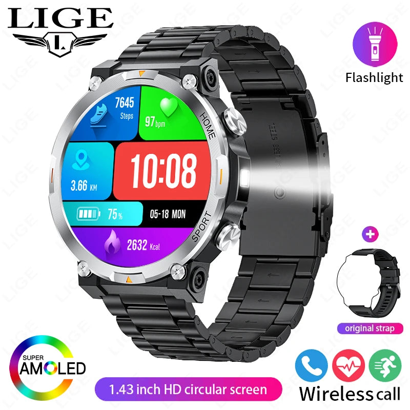 LIGE Smart Watches Men's Rugged Military Bluetooth Call IP68 Waterproof Sports Fitness Outdoor Health Smartwatch For Android IOS