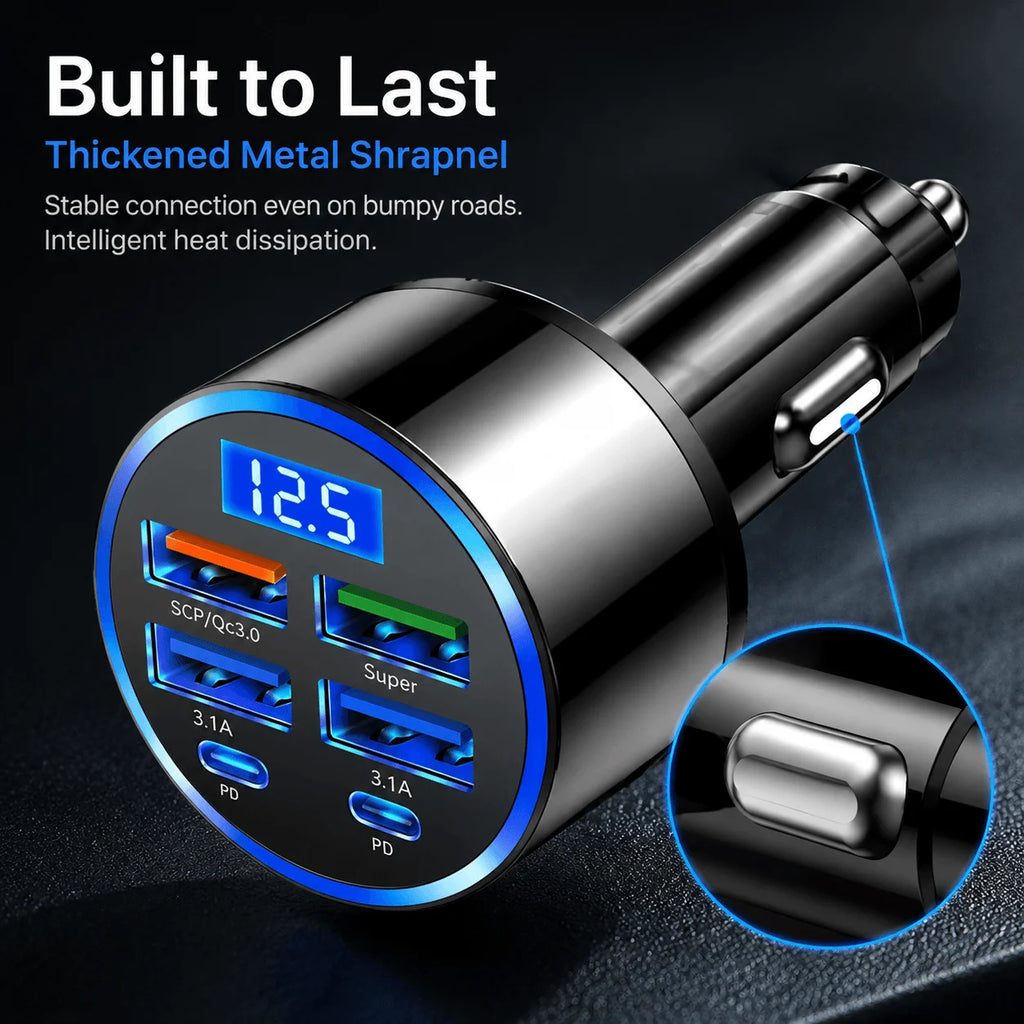 300W 6-Port Car Charger Dual Type-C PD QC3.0 Digital Display Fast Charging for Smartphones Tablets Power Banks Black