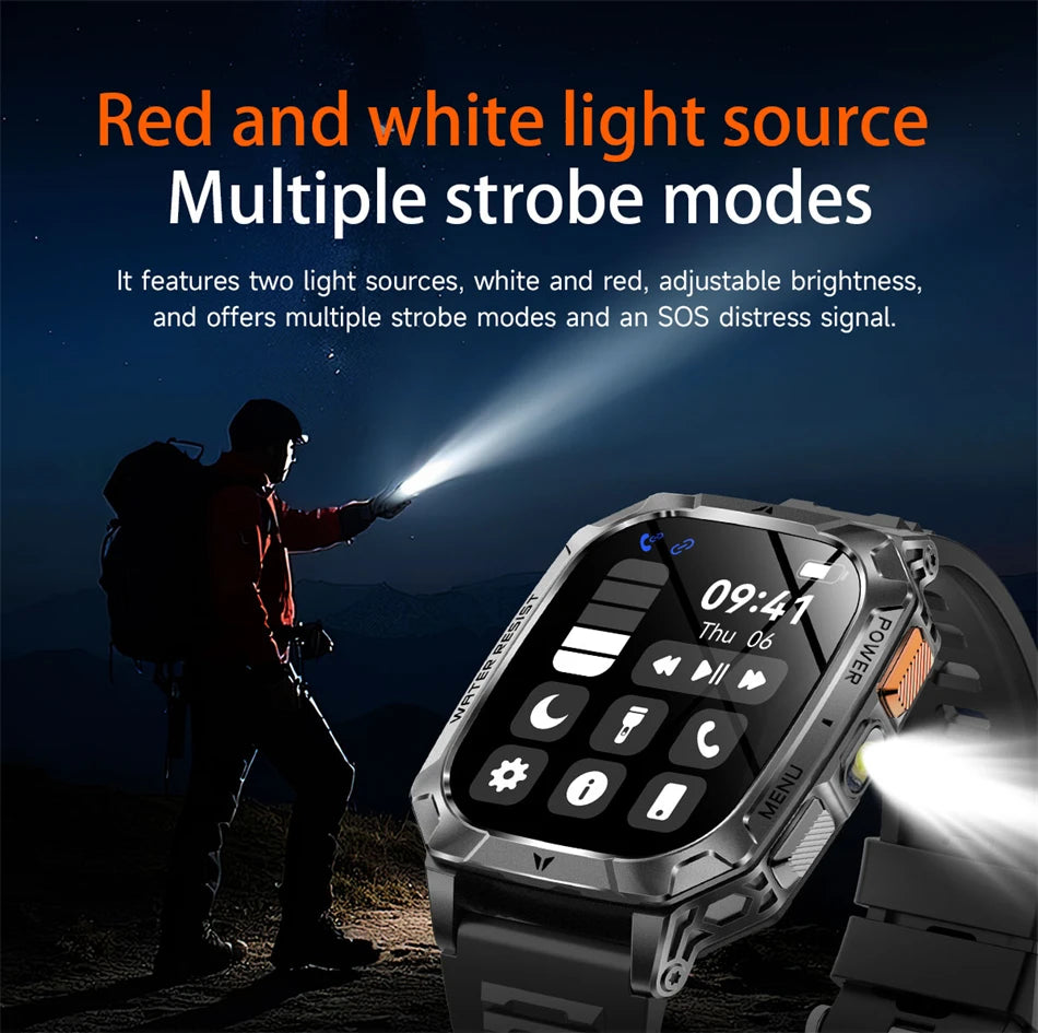 Rugged Military 1400mAh Battery Smart Watch Fitness Tracking IP68 Waterproof Tactical Sports Flashlight 2026 New Men Smartwatch