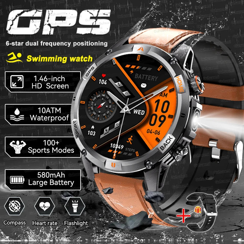 2026 GPS Military Smart Watches Men 10ATM Waterproof Call LED Flashlight 1.46" Rugged Tactical Watch Compass Fitness Smartwatch