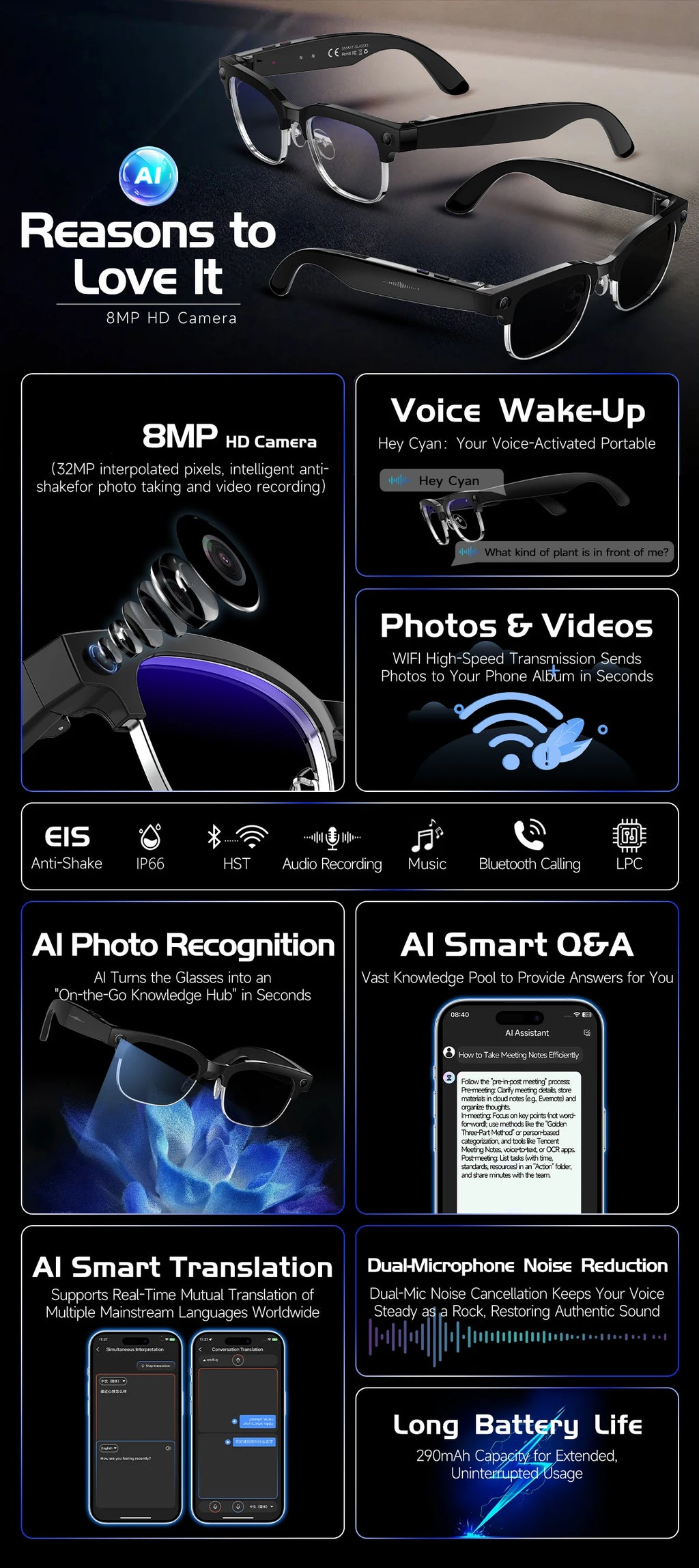 Smart Glasses 800W Camera 2026New Technologies Video Recording AI Photo Recognition Bluetooth Calls Voice Translation Sunglasses
