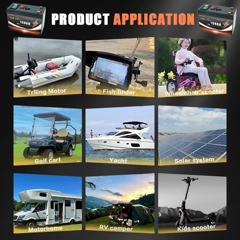 12V LiFePO4 150Ah Lithium Battery 4300+ Deep Cycles, for Power Wheels Toys, Scooter, Radio, Kayak Fish Finder, Solar Panel