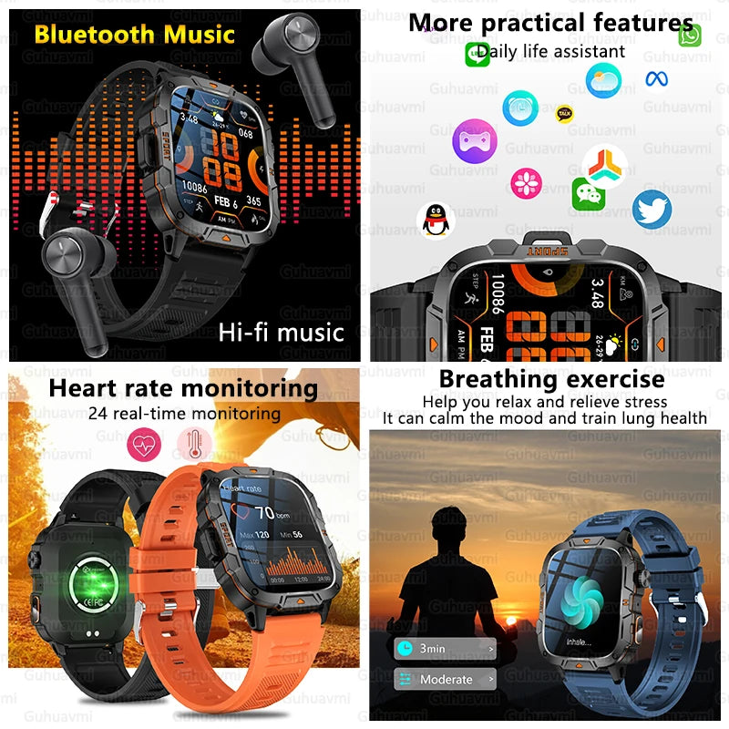 2026 New Rugged Smart Watch Men 1.96" AMOLED BT Call 5ATM Waterproof GPS Heart Rate Monitor LED Flashlight Military Sports Watch