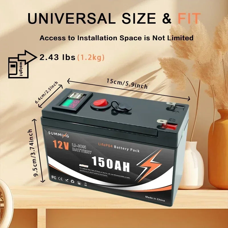 12V LiFePO4 150Ah Lithium Battery 4300+ Deep Cycles, for Power Wheels Toys, Scooter, Radio, Kayak Fish Finder, Solar Panel