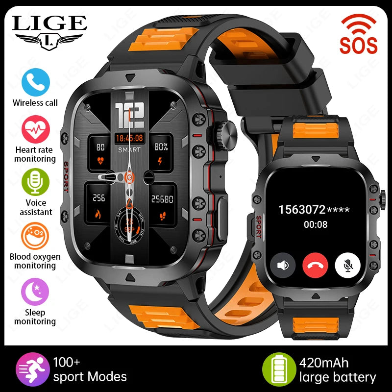 LIGE Military Smart Watch Men Outdoor Sports 3ATM Waterproof  Blood Oxygen Bluetooth Call Watches Men Smartwatch For Android New
