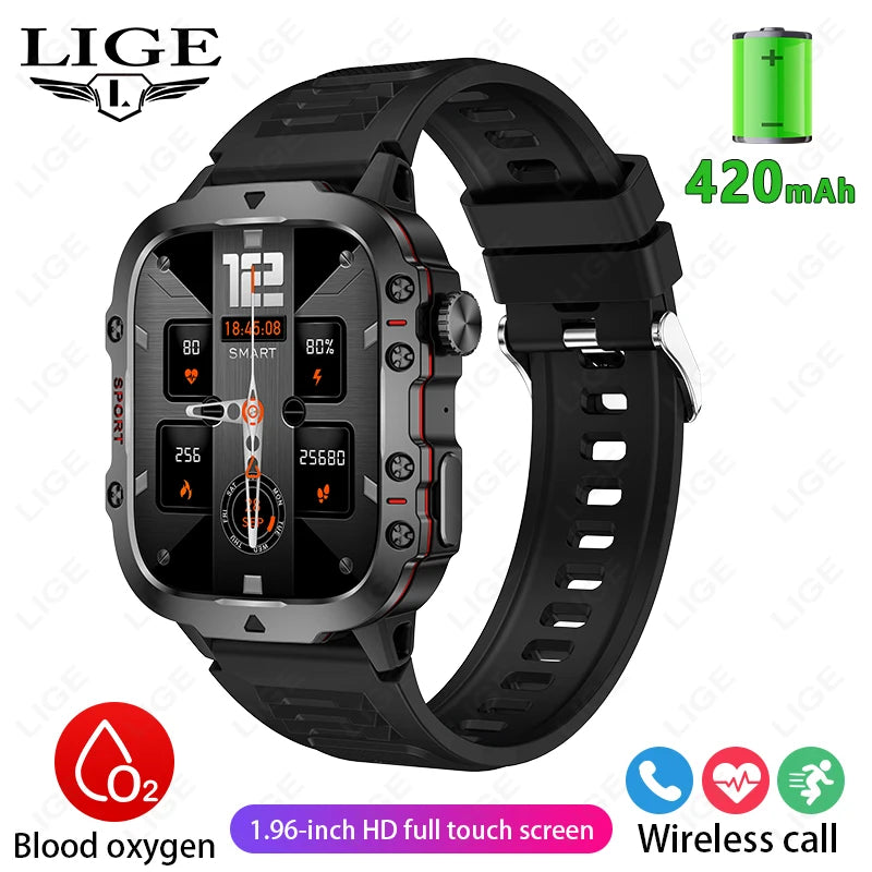LIGE Military Smart Watch Men Outdoor Sports 3ATM Waterproof  Blood Oxygen Bluetooth Call Watches Men Smartwatch For Android New