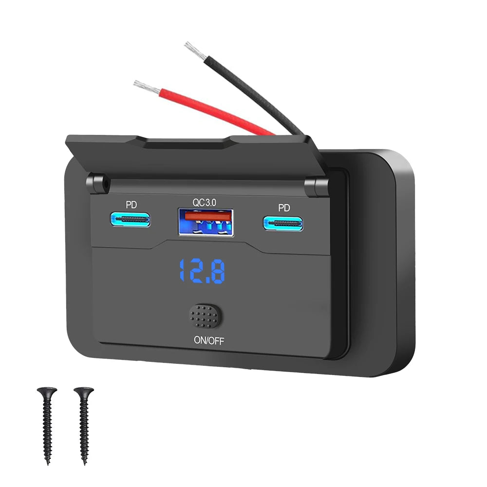 Dual PD Dual QC 3.0 USB Car Charger 12V RV USB Outlet Panel 108W Fast Charge Socket with Switch & Voltmeter for Boat Motorcycle