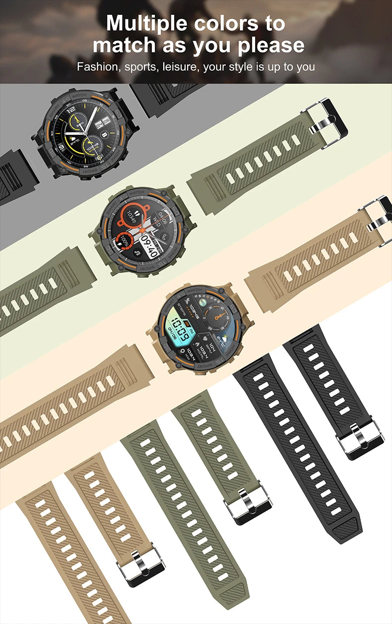 Outdoor Military Rugged Smartwatch Men Full Screen Touch 24 Hours Heart Rate 100+ Sports Mode Bluetooth Call Smartwatch