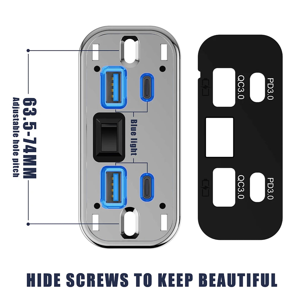 76W Dual PD Dual QC3.0 Type C USB Quick Charger 3.0 with Switch Fast Charging 4 Ports Power Panel For Bus ATV Car Truck Marine