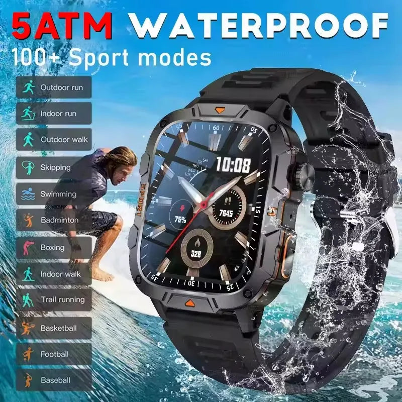 2026 New Rugged Smart Watch Men 1.96" AMOLED BT Call 5ATM Waterproof GPS Heart Rate Monitor LED Flashlight Military Sports Watch