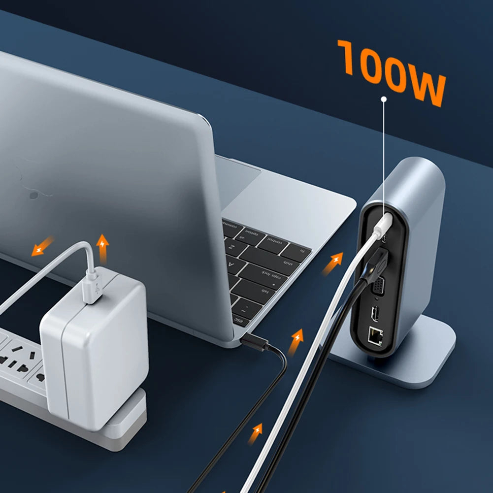12-in-1 Vertical Docking Station USB C Docking Station TYPE C HUB USB Splitter HDMI 4K/LAN 100M/USB3.0 5Gbps/VGA 1080P/PD100W