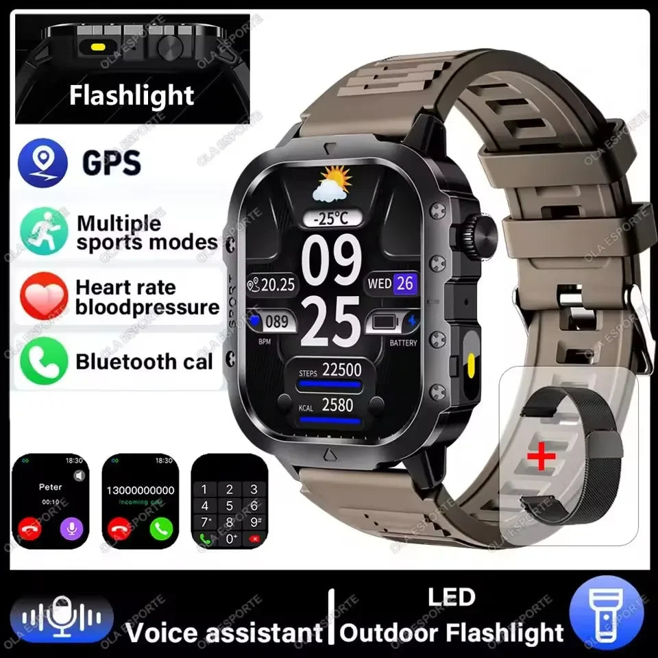 Military Smart Watch Men Waterproof Outdoor Sports Tracker LED Flashlight Bluetooth Call Men Smartwatch For Android iOS