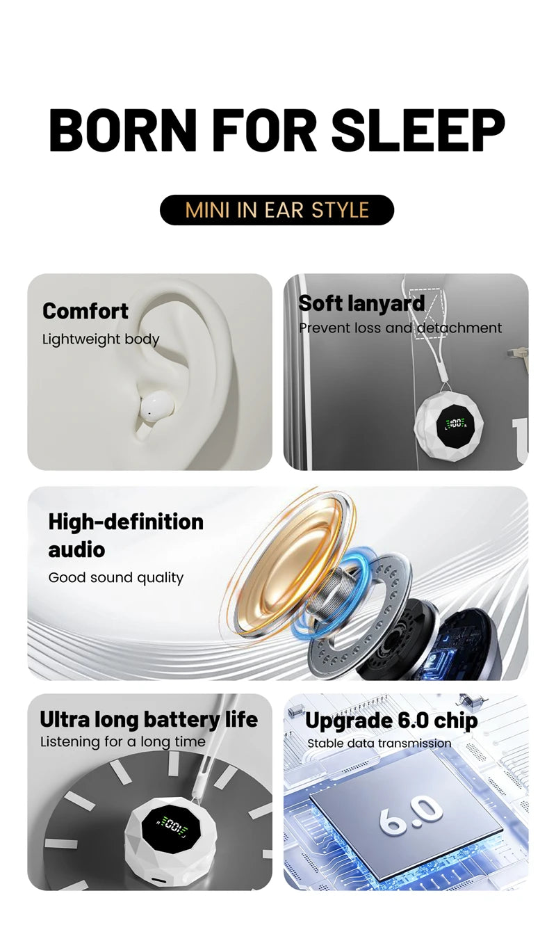 MINI Headphones Wireless Bluetooth Earphones 6.0Chip In Ear Invisible Headsets HIFI Bass Sleep Earbuds Noise Reduction Earphone