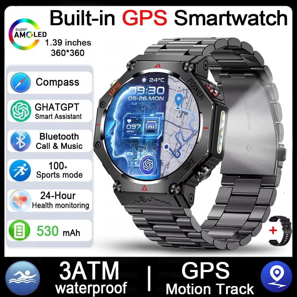 2026 NEW Military Outdoor GPS Sports Smart Watch Men 1.39" 5ATM Waterproof 530mAh ChatGPT AI Assistant Compass Smartwatch