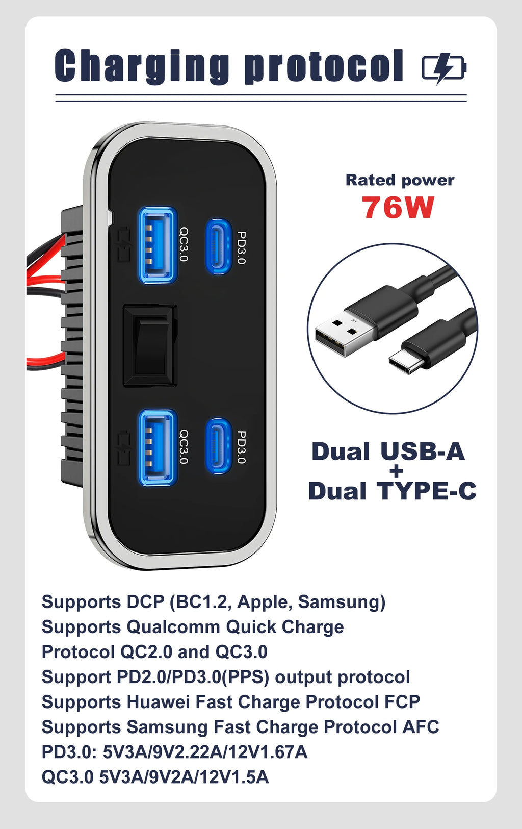 76W Dual PD Dual QC3.0 Type C USB Quick Charger 3.0 with Switch Fast Charging 4 Ports Power Panel For Bus ATV Car Truck Marine