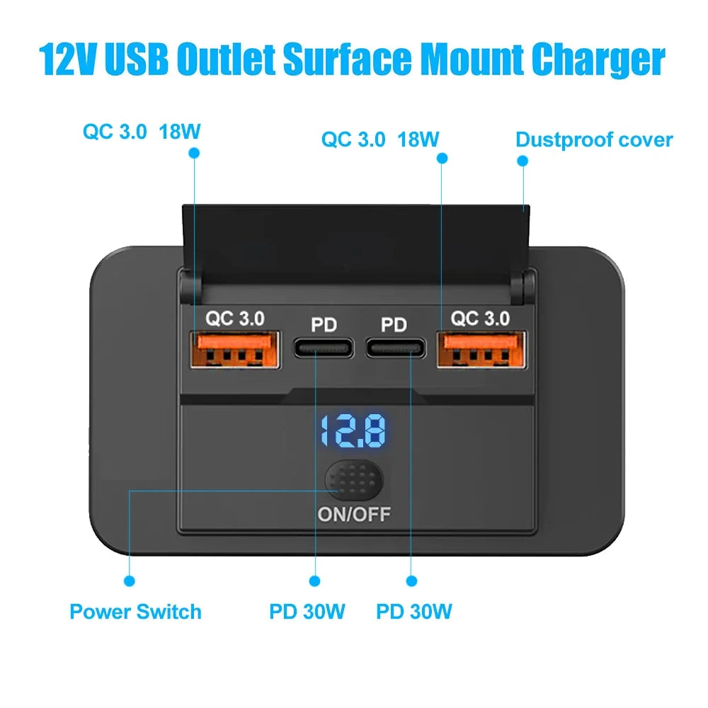Dual PD Dual QC 3.0 USB Car Charger 12V RV USB Outlet Panel 108W Fast Charge Socket with Switch & Voltmeter for Boat Motorcycle