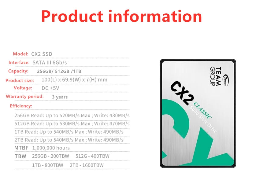 TEAMGROUP SSD Cx2 SATA 3.0 2.5 inch  256GB 512GB 1TB Solid State Drive for computer