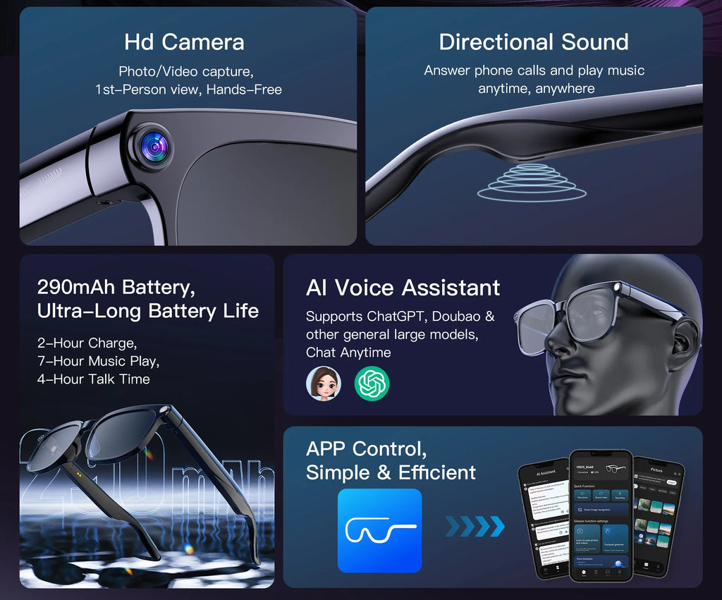 Smart Glasses 800W HD Camera Video Simultaneous Interpretation Bluetooth Call Outdoor Sport AI Smart SunGlasses For Mens Women
