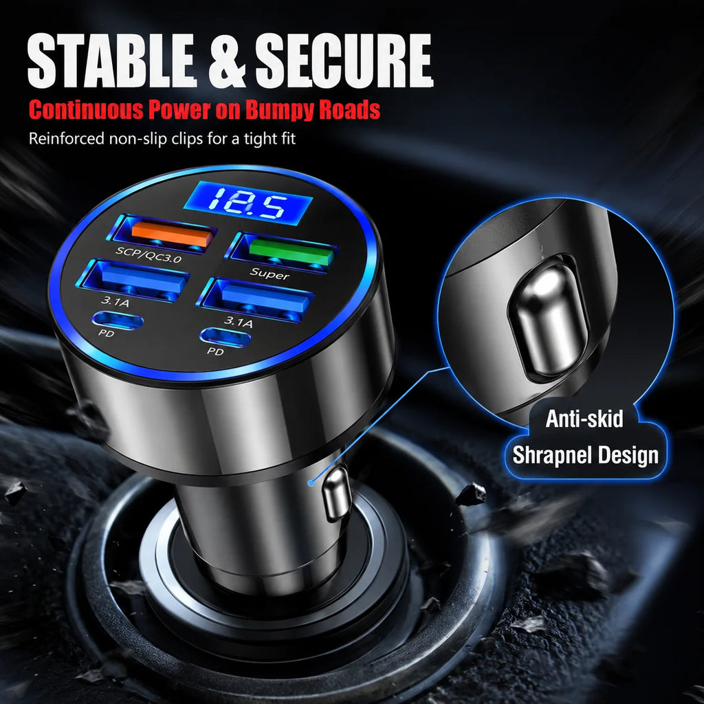 300W 6-Port Car Charger Dual Type-C PD QC3.0 Digital Display Fast Charging for Smartphones Tablets Power Banks Black