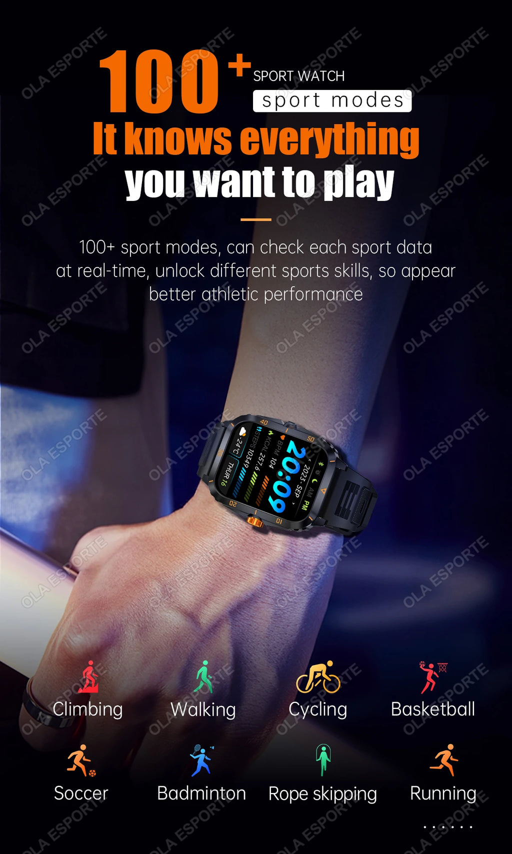 Smart Watch 3ATM Waterproof 1.96" IPS Screen Military KT71 Men 100+ Sport Mode Heart Rate Blood Pressure Bluetooth Call