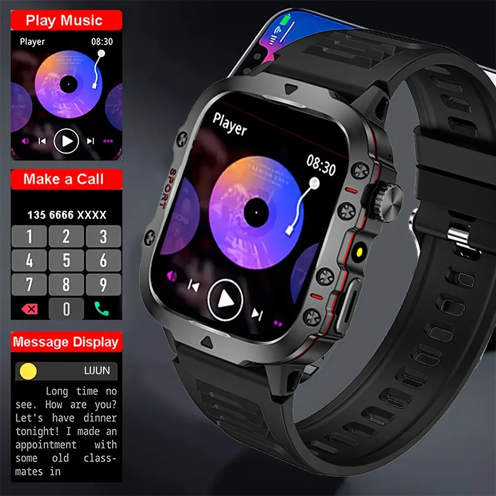2026 Rugged Military Smart Watch Men's Outdoor Watch LED Flashlight 1.81'' HD Touch Screen Voice Bluetooth Call Smartwatch Gifts
