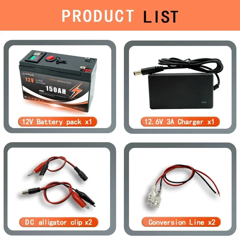 LiFePO4 12V 150Ah  Rechargeable Lithium Battery,Built-in BMS,Perfect for Ride on Toys,solar panels,Fish Finders,Small UPS
