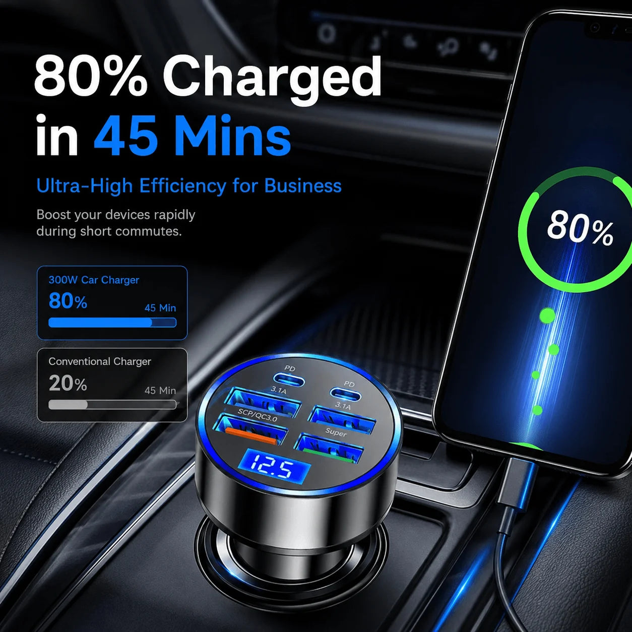 300W 6-Port Car Charger Dual Type-C PD QC3.0 Digital Display Fast Charging for Smartphones Tablets Power Banks Black