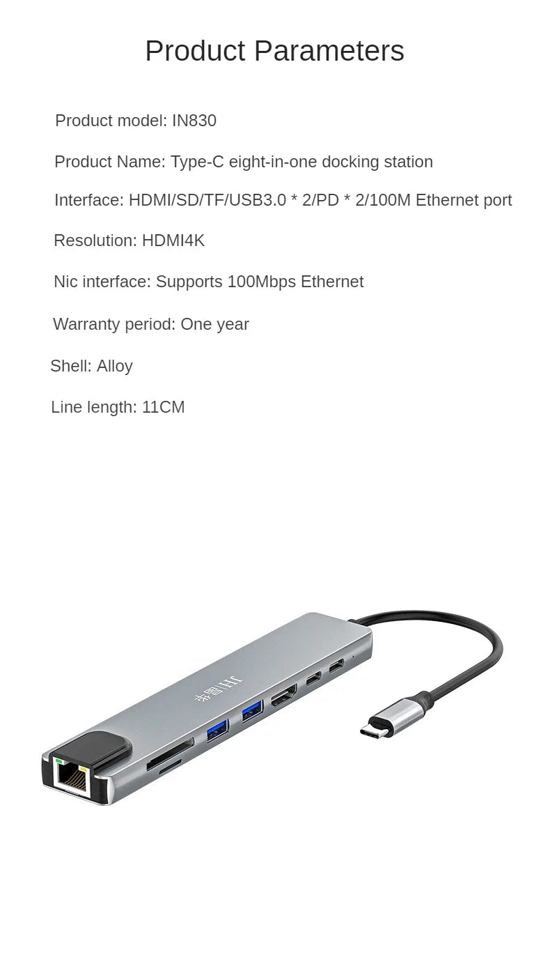 Jinhua 8-in-1 Type-C Docking Station With HDMI 4K, USB 3.0, 100Mbps Ethernet, SD/TF, PD Charging For Laptop
