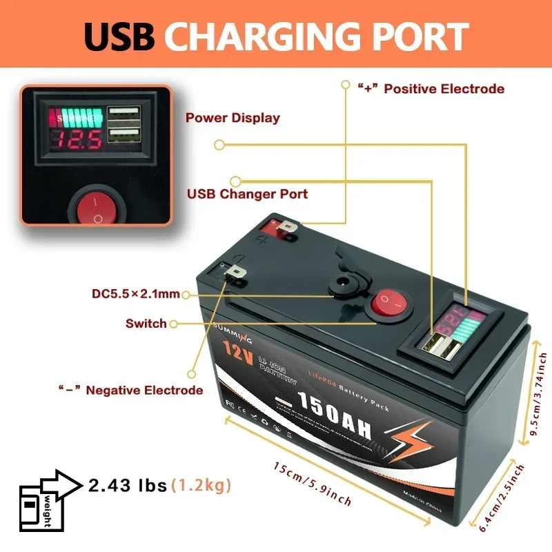 LiFePO4 12V 150Ah Lithium Battery 4000+ Deep Cycles, for Power Wheels, Radio, Kayak Fish Finder, Solar Power, Ride on Toys